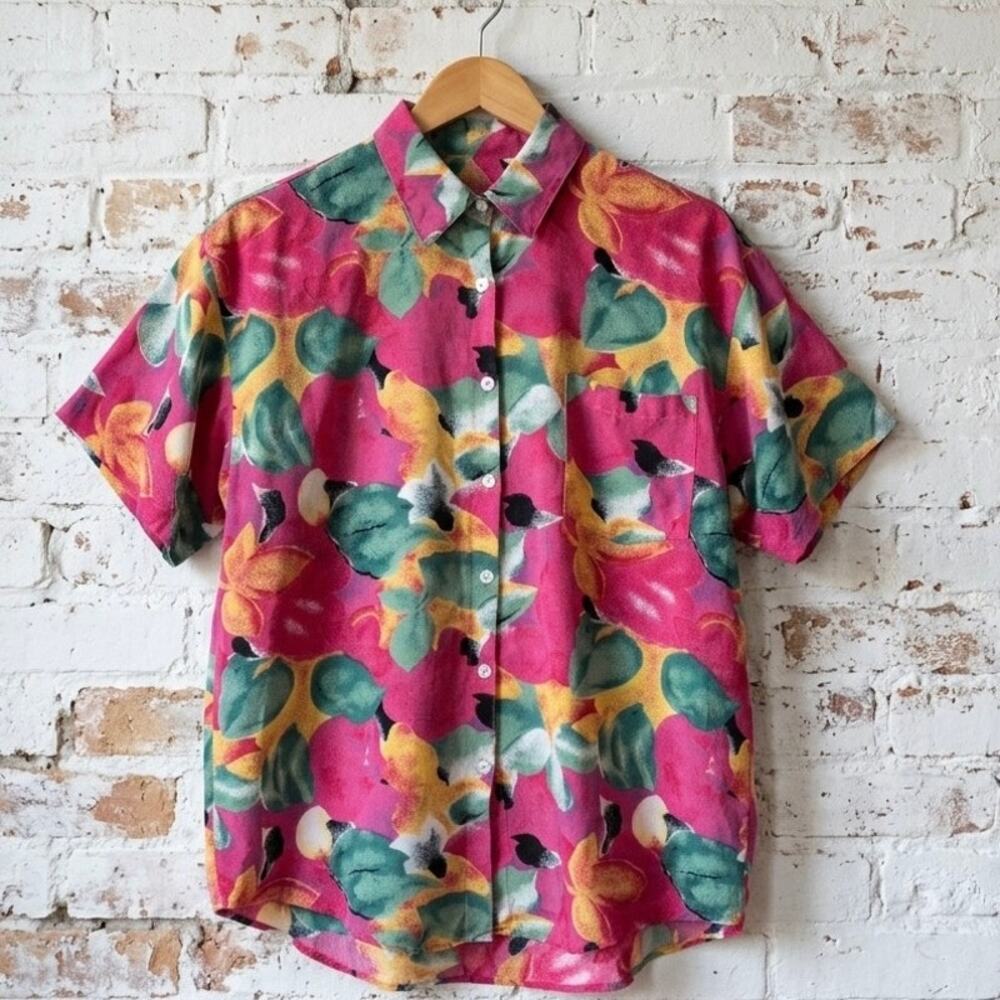 Vintage 90s Abstract Floral Rayon Button Down Shirt Boho Artsy Grunge Pink M
